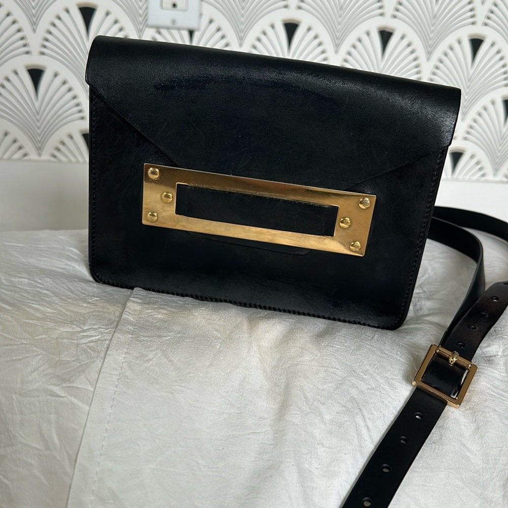 Sophie Hulme Crossbody Bag Black Leather with Gold Tone Hardware